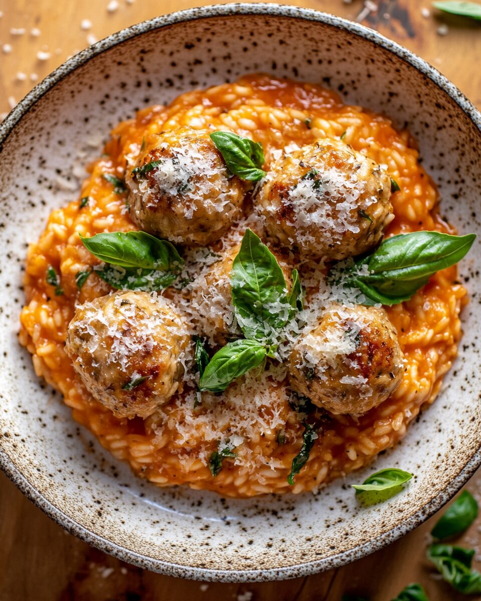 Baked Rosemary Chicken Meatballs with Tomato Orzo