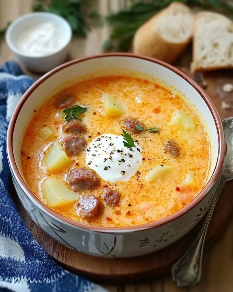 Hungarian Potato Soup with sausage and Sour Cream