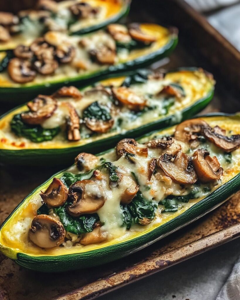 Spinach, Mushroom, and Ricotta Stuffed Zucchini Boats