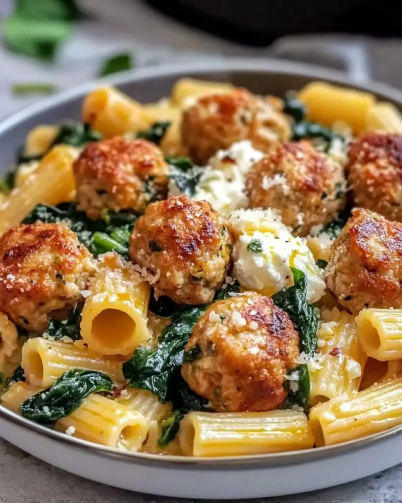 Turkey Rigatoni Zesty Turkey & Ricotta Meatballs with Garlic Spinach Rigatoni