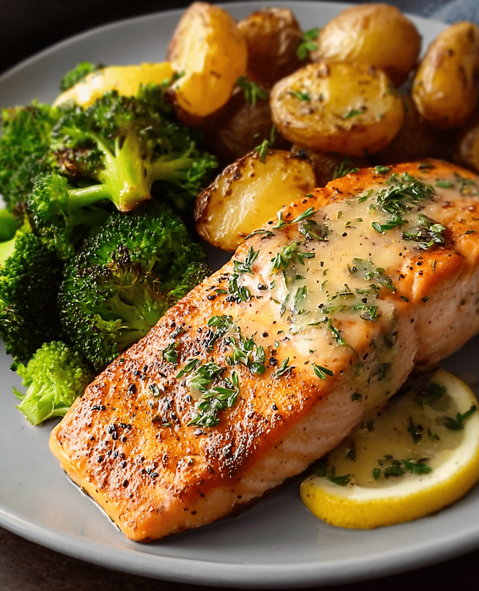 Lemon Butter Salmon with Crispy Potatoes and Broccoli