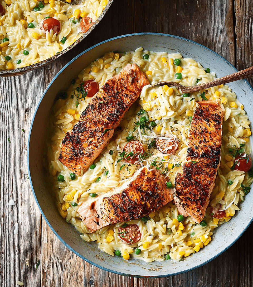 Creamed Corn Orzo with Salmon