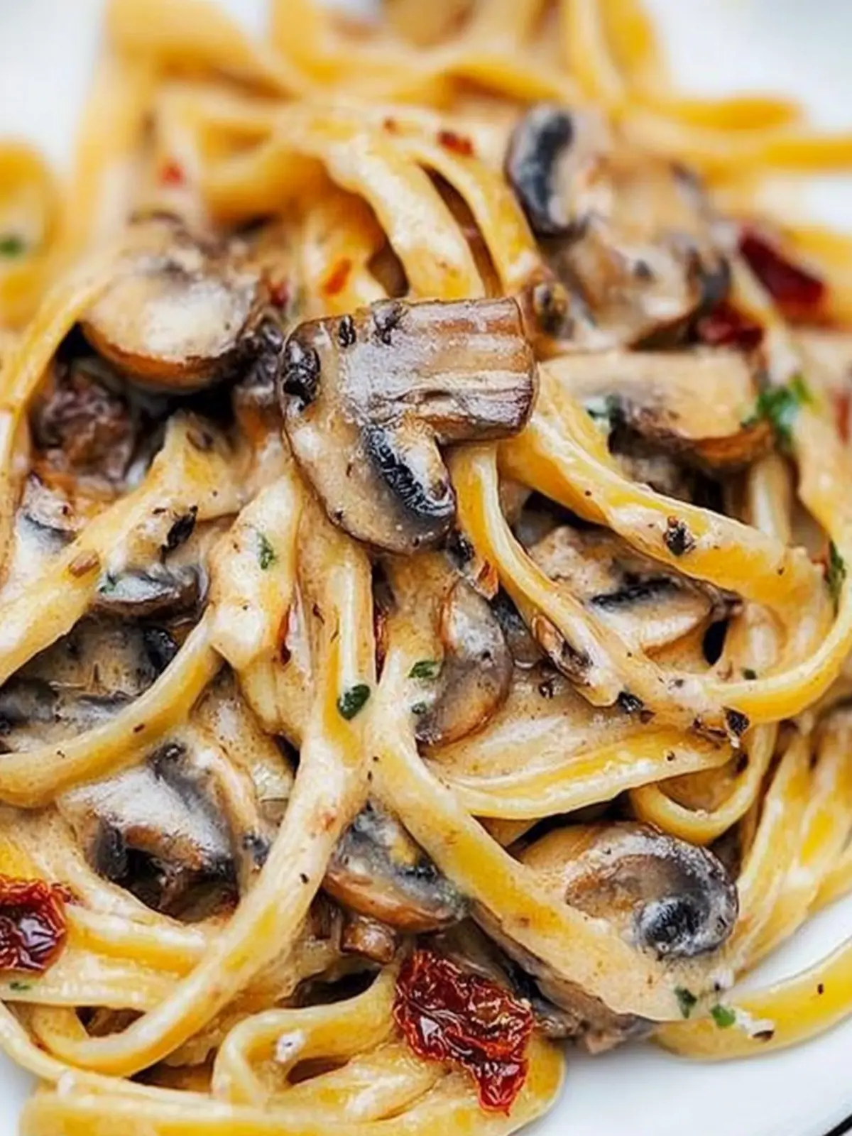 Sun-Dried Tomato and Mushroom Pasta: A Garlic & Basil Delight 3 Sun dried tomato and mushroom pasta in a garlic and basil sauce