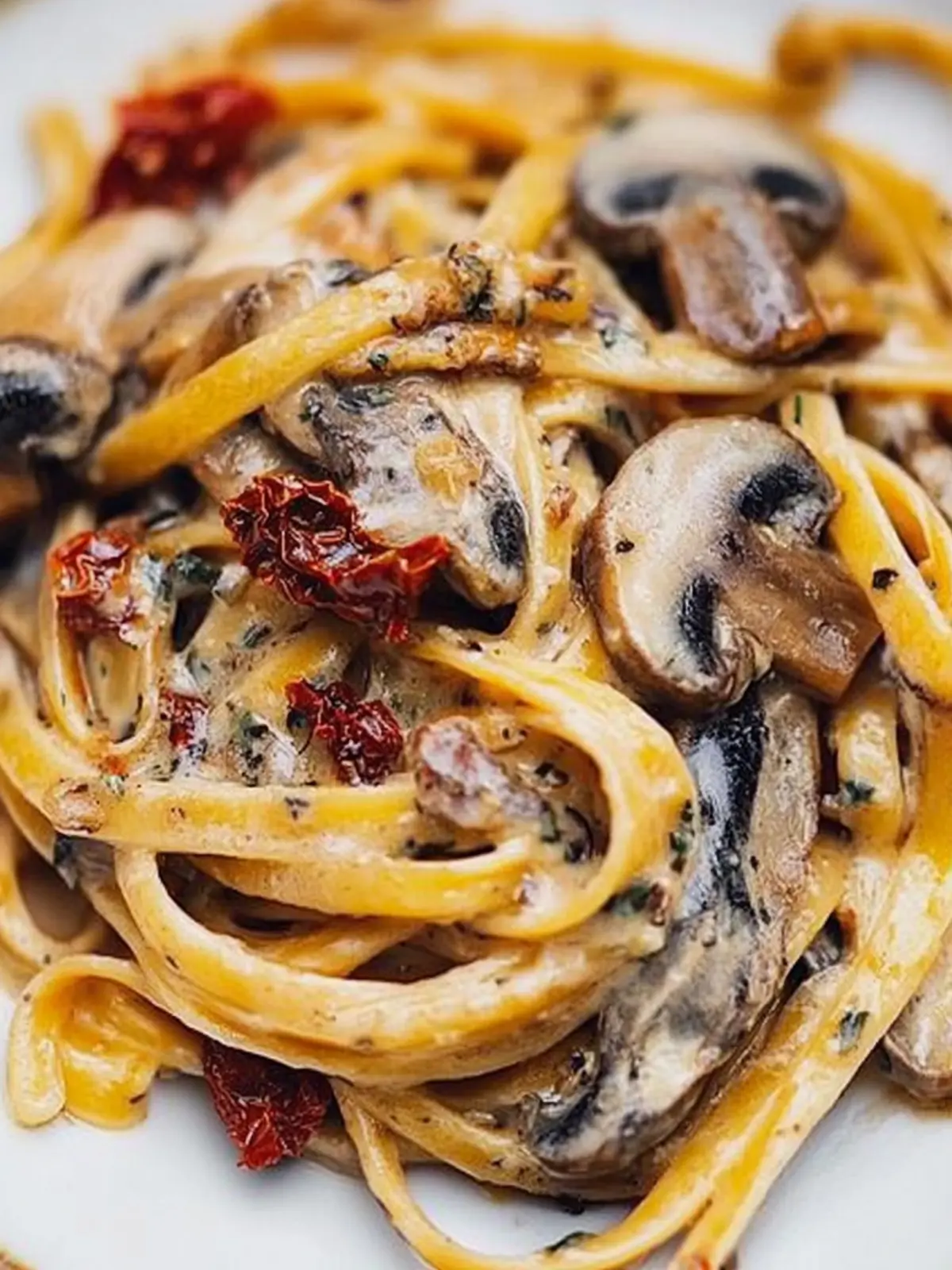Sun-Dried Tomato and Mushroom Pasta: A Garlic & Basil Delight 4 Sun dried tomato and mushroom pasta in a garlic and basil sauce