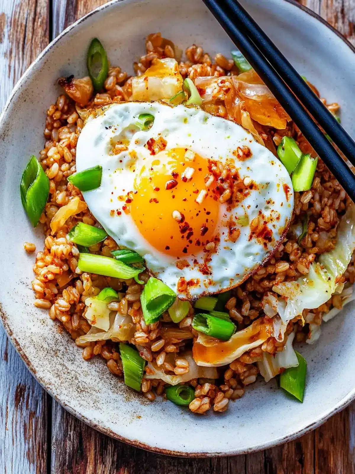 Delicious Kimchi Farro Stir Fry with Chili Oil Fried Egg 3 Kimchi farro stir fry with a chili oil fried egg