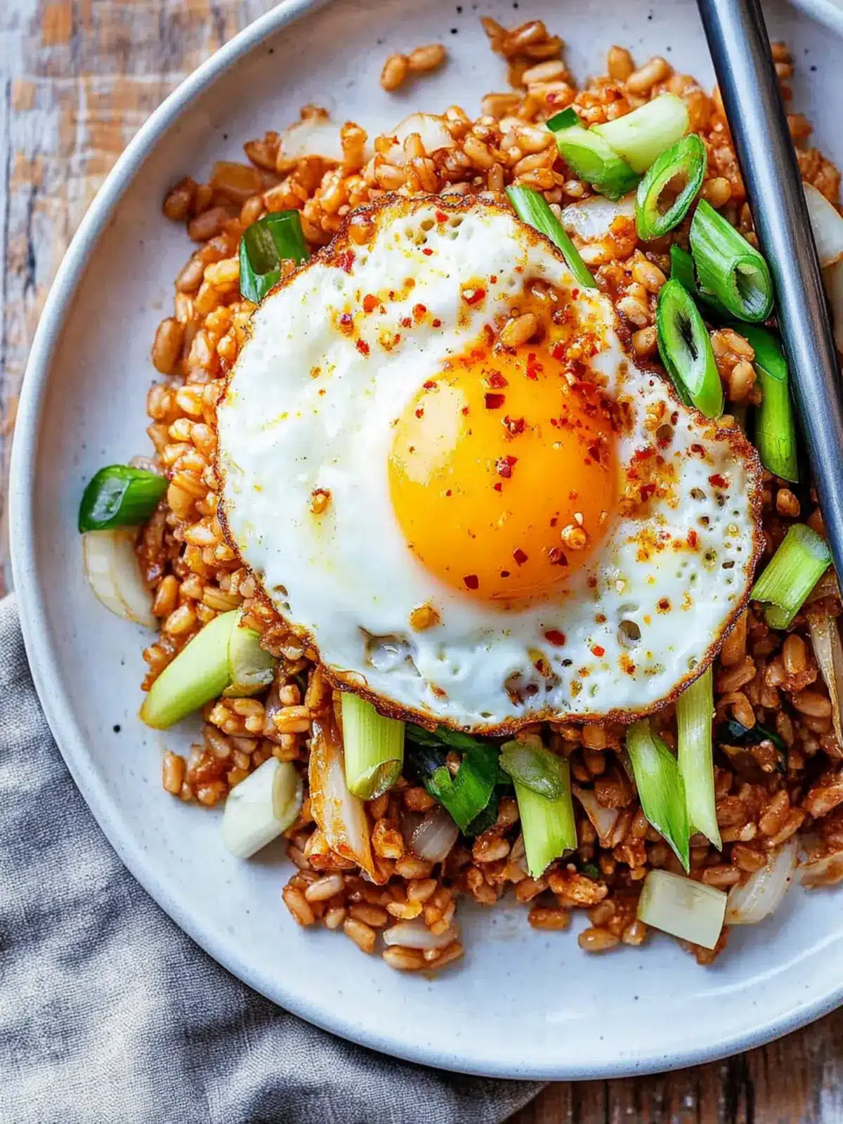 Delicious Kimchi Farro Stir Fry with Chili Oil Fried Egg 5 Kimchi farro stir fry with a chili oil fried egg