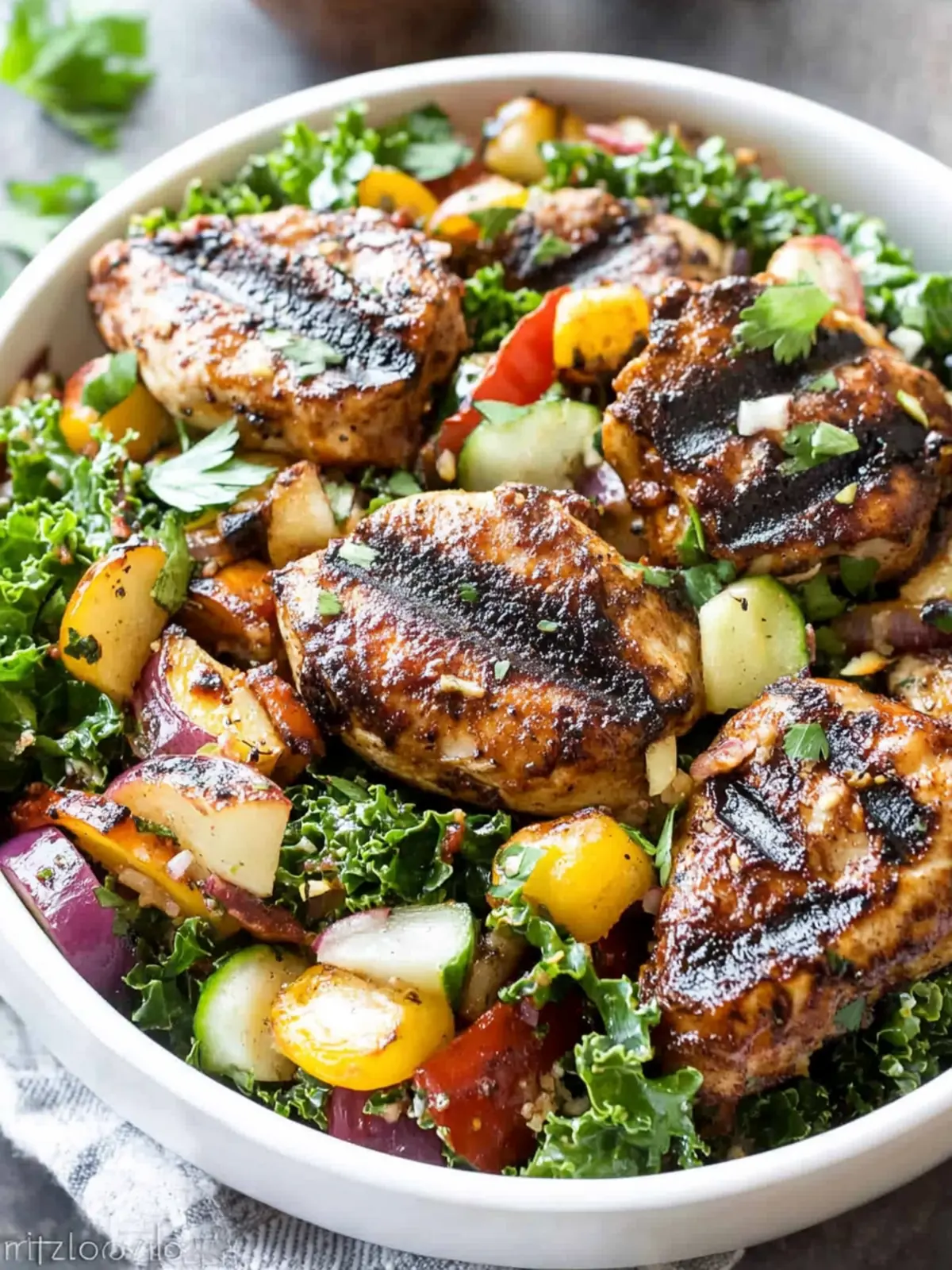 Juicy Pollo Asado with Charred Vegetable Kale Salad Delight 2 Pollo Asado and Charred Vegetable Massaged Kale Salad