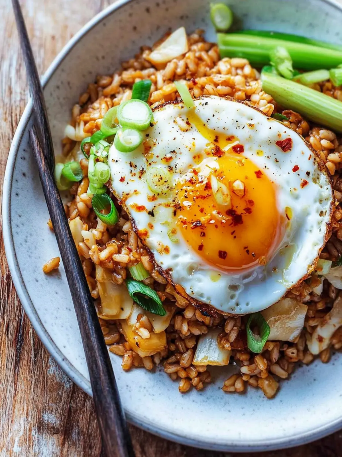 Delicious Kimchi Farro Stir Fry with Chili Oil Fried Egg 2 Kimchi farro stir fry with a chili oil fried egg