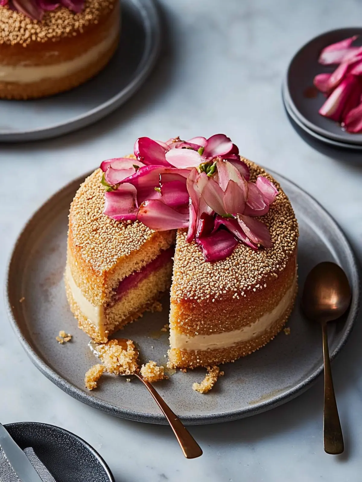 Decadent Tahini Chiffon Cake with Poached Rhubarb Bliss 2 Tahini Chiffon Cake With Burnt Honey Cream and Poached Rhubarb