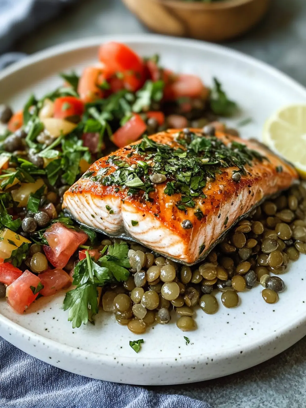 Pan Seared Salmon with Caper Herb Vinaigrette & Lentil Salad Delight 3 Pan Seared Salmon with Caper Herb Vinaigrette and French Lentil Salad