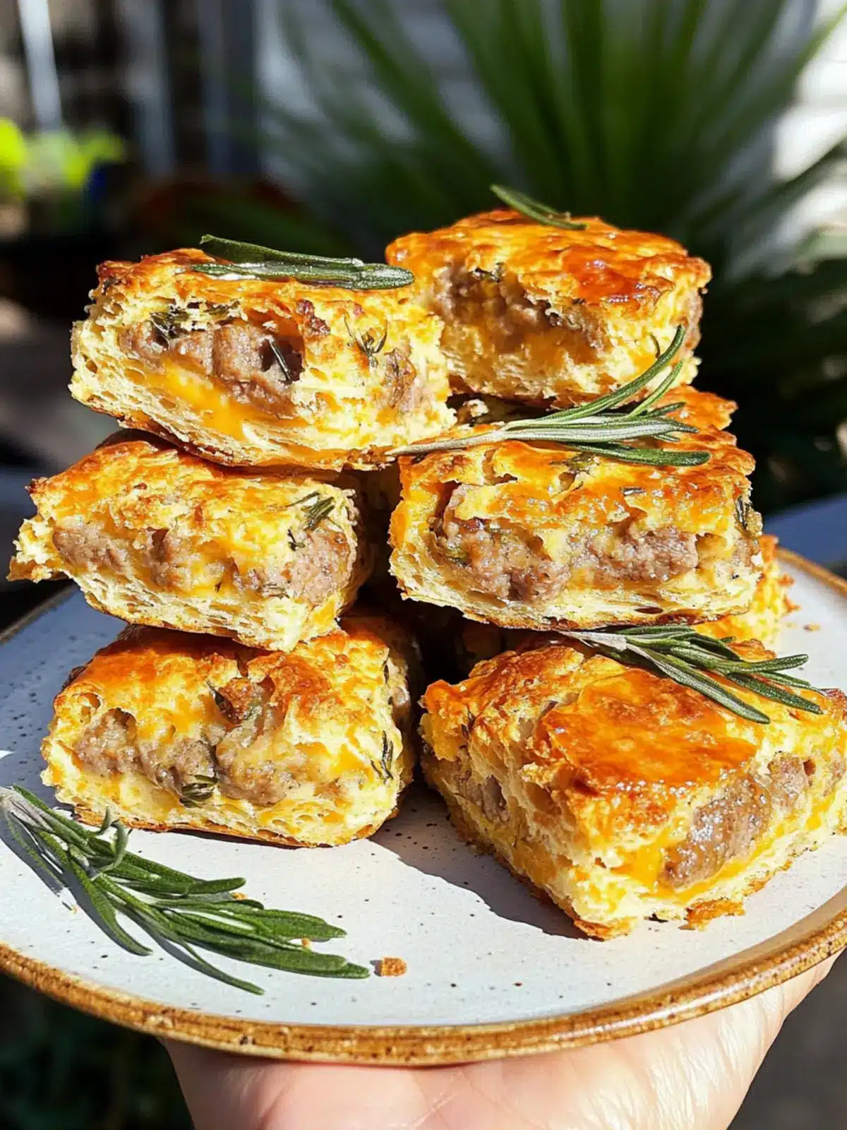 Sausage, Cheddar & Rosemary Breakfast Biscuits with Sweet Heat 5 Sausage, Cheddar, & Rosemary Breakfast Biscuits with Jalapeno-Honey Glaze