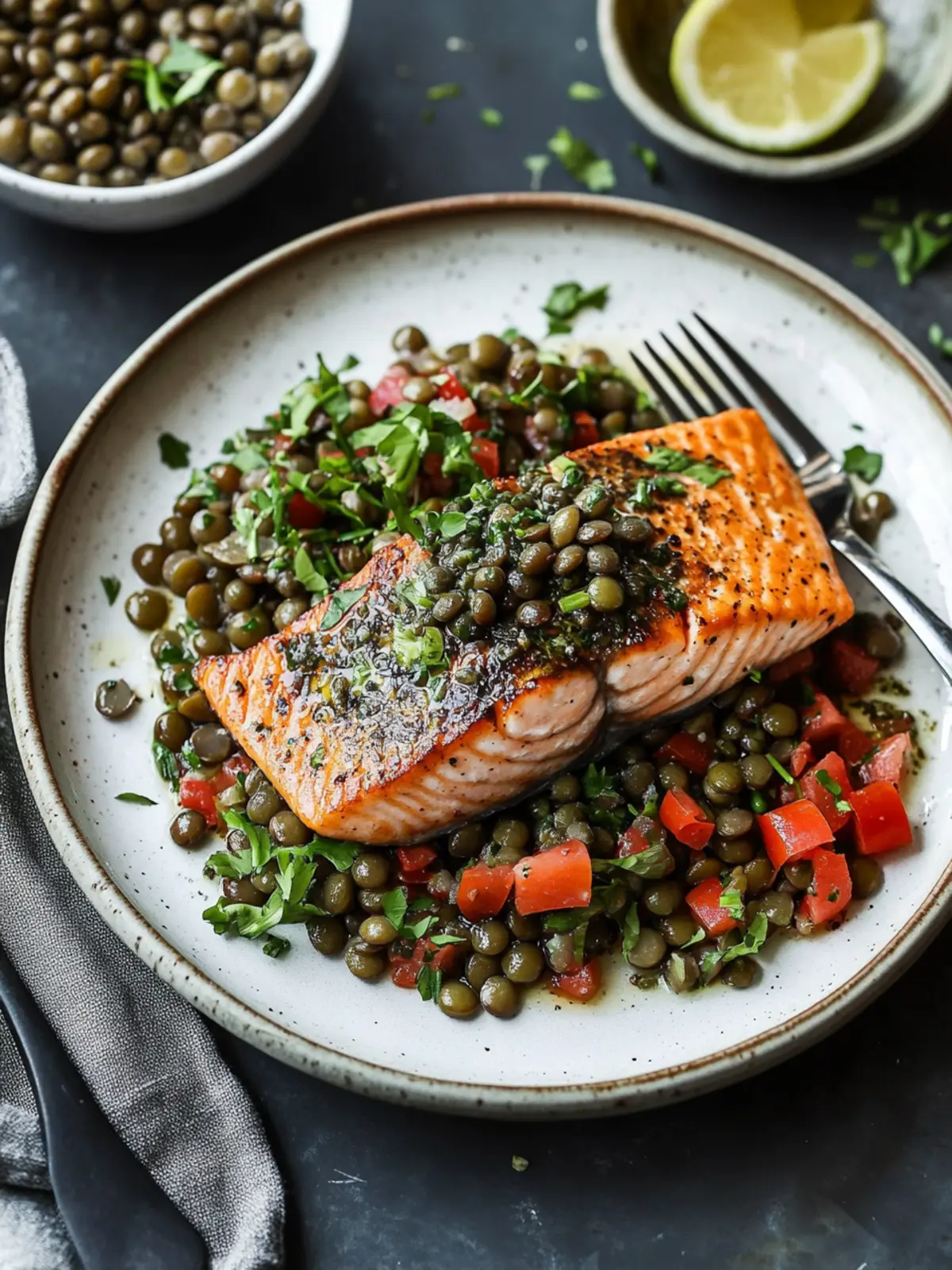 Pan Seared Salmon with Caper Herb Vinaigrette & Lentil Salad Delight 4 Pan Seared Salmon with Caper Herb Vinaigrette and French Lentil Salad