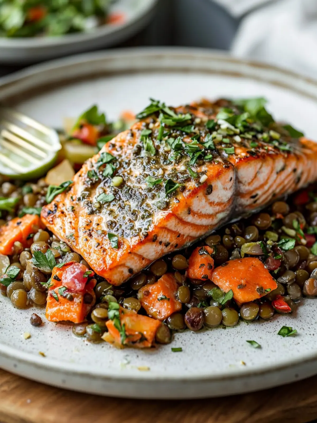 Pan Seared Salmon with Caper Herb Vinaigrette & Lentil Salad Delight 5 Pan Seared Salmon with Caper Herb Vinaigrette and French Lentil Salad