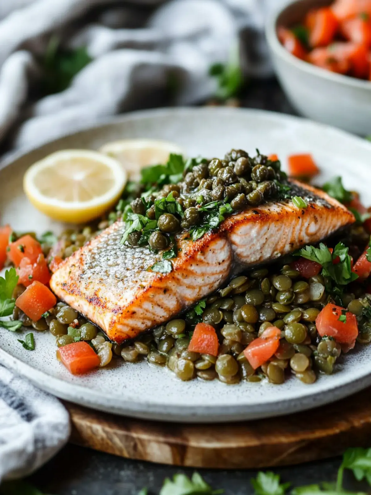 Pan Seared Salmon with Caper Herb Vinaigrette & Lentil Salad Delight 2 Pan Seared Salmon with Caper Herb Vinaigrette and French Lentil Salad
