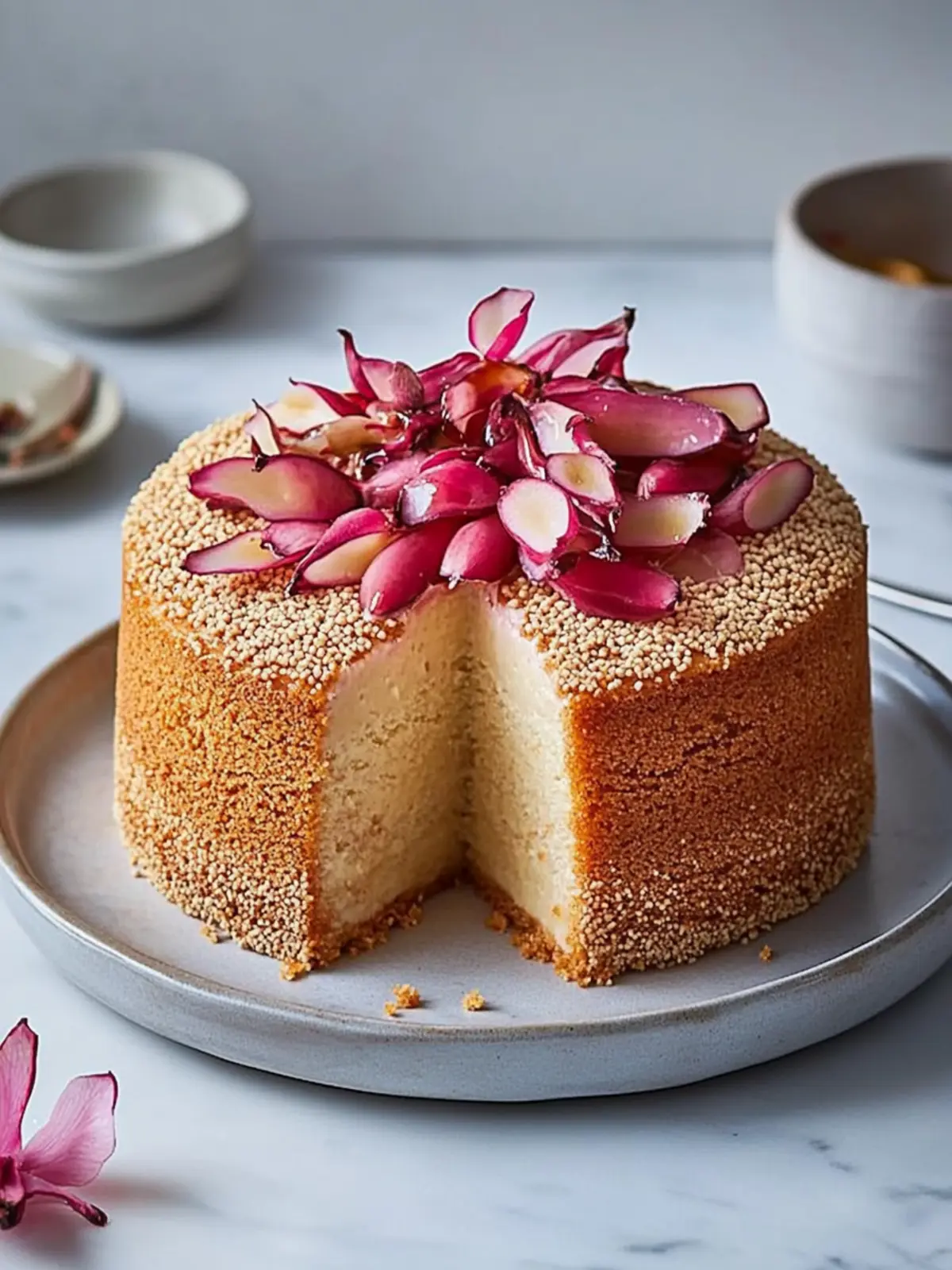 Decadent Tahini Chiffon Cake with Poached Rhubarb Bliss 4 Tahini Chiffon Cake With Burnt Honey Cream and Poached Rhubarb