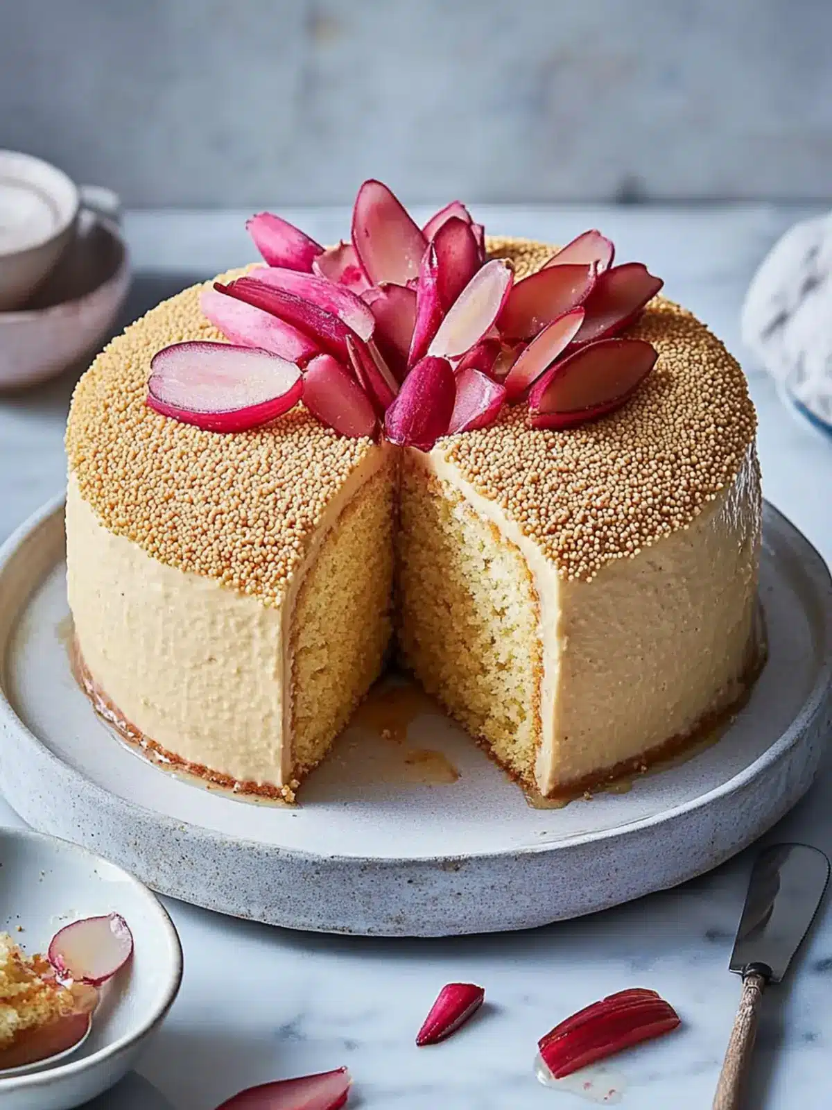 Decadent Tahini Chiffon Cake with Poached Rhubarb Bliss 3 Tahini Chiffon Cake With Burnt Honey Cream and Poached Rhubarb