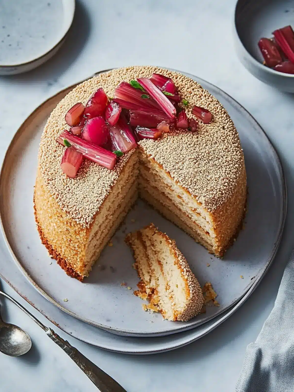 Decadent Tahini Chiffon Cake with Poached Rhubarb Bliss 5 Tahini Chiffon Cake With Burnt Honey Cream and Poached Rhubarb