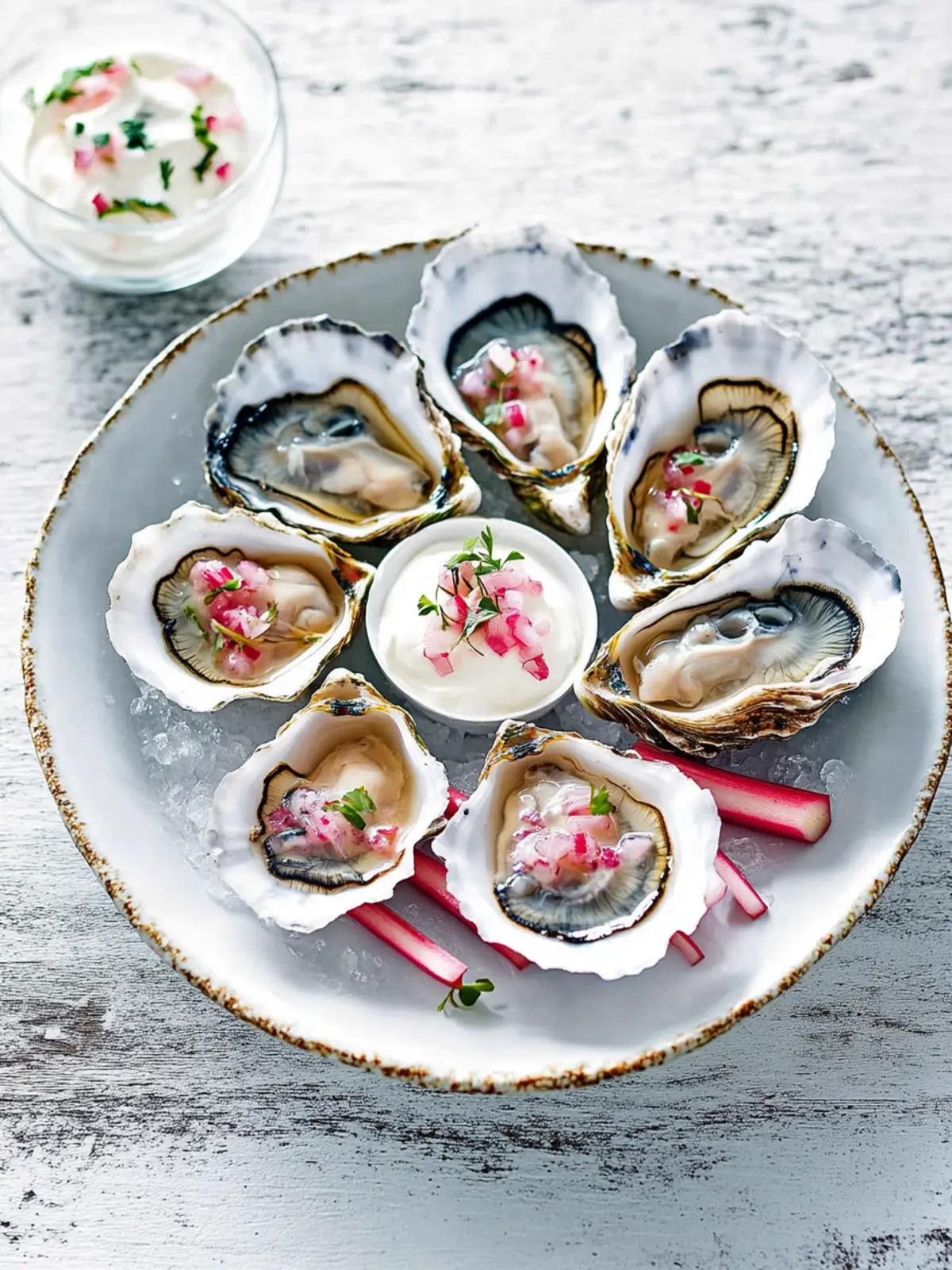 Zesty Oysters with Rhubarb Mignonette and Creamy Delight 5 Oysters with mignonette, creme fraiche and rhubarb