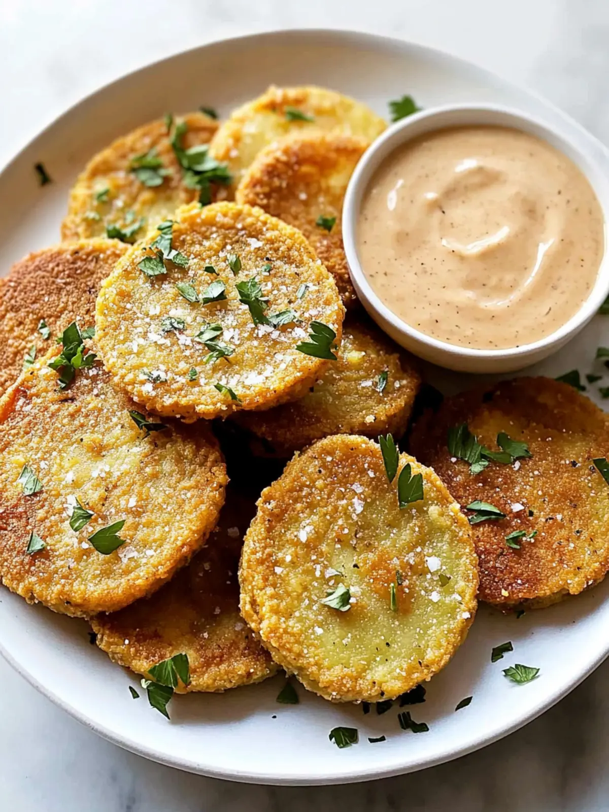 Crispy Fried Green Tomatoes with Zesty Remoulade Sauce 2 Fried Green Tomatoes with Remoulade Sauce