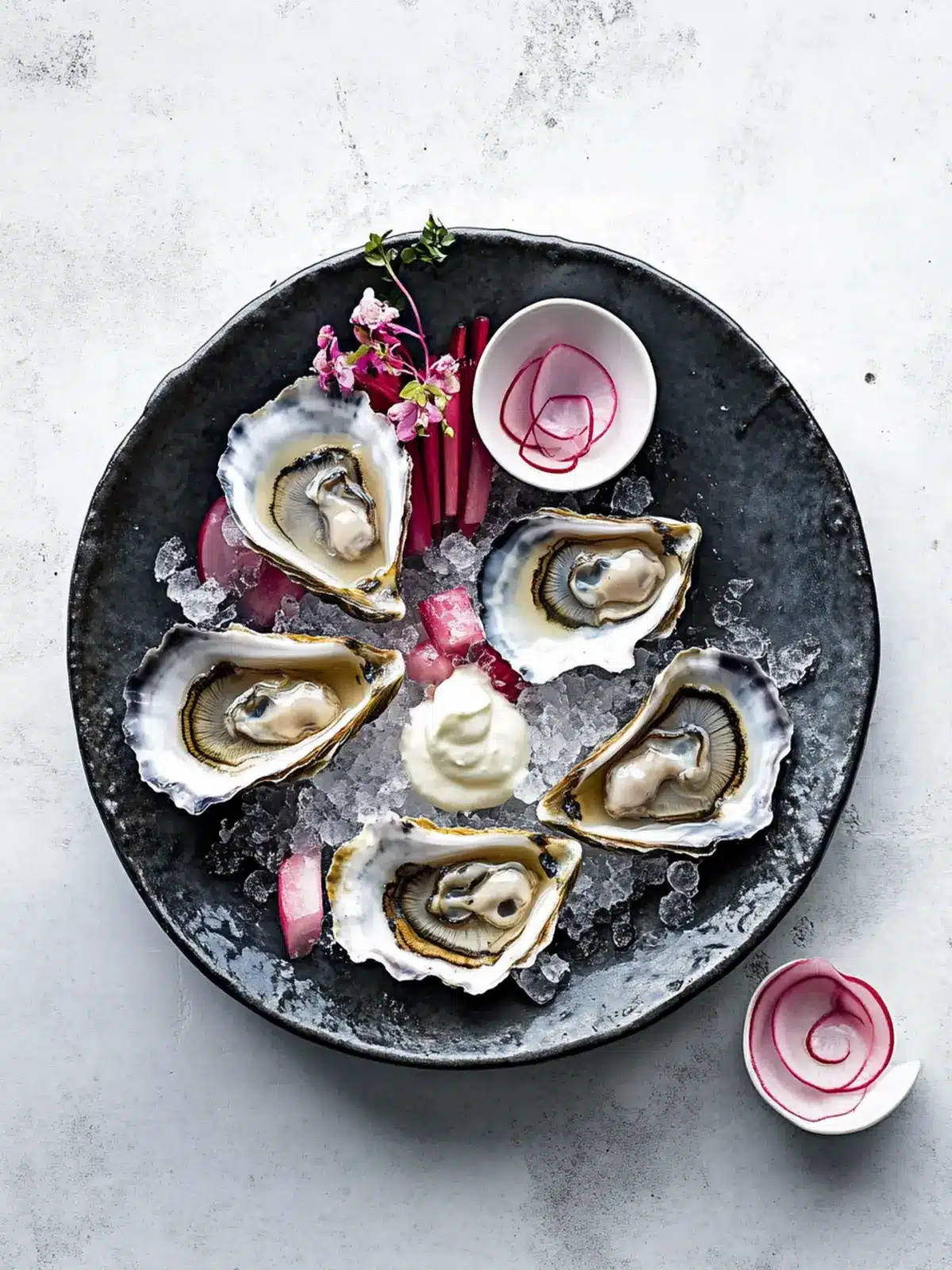 Zesty Oysters with Rhubarb Mignonette and Creamy Delight 3 Oysters with mignonette, creme fraiche and rhubarb
