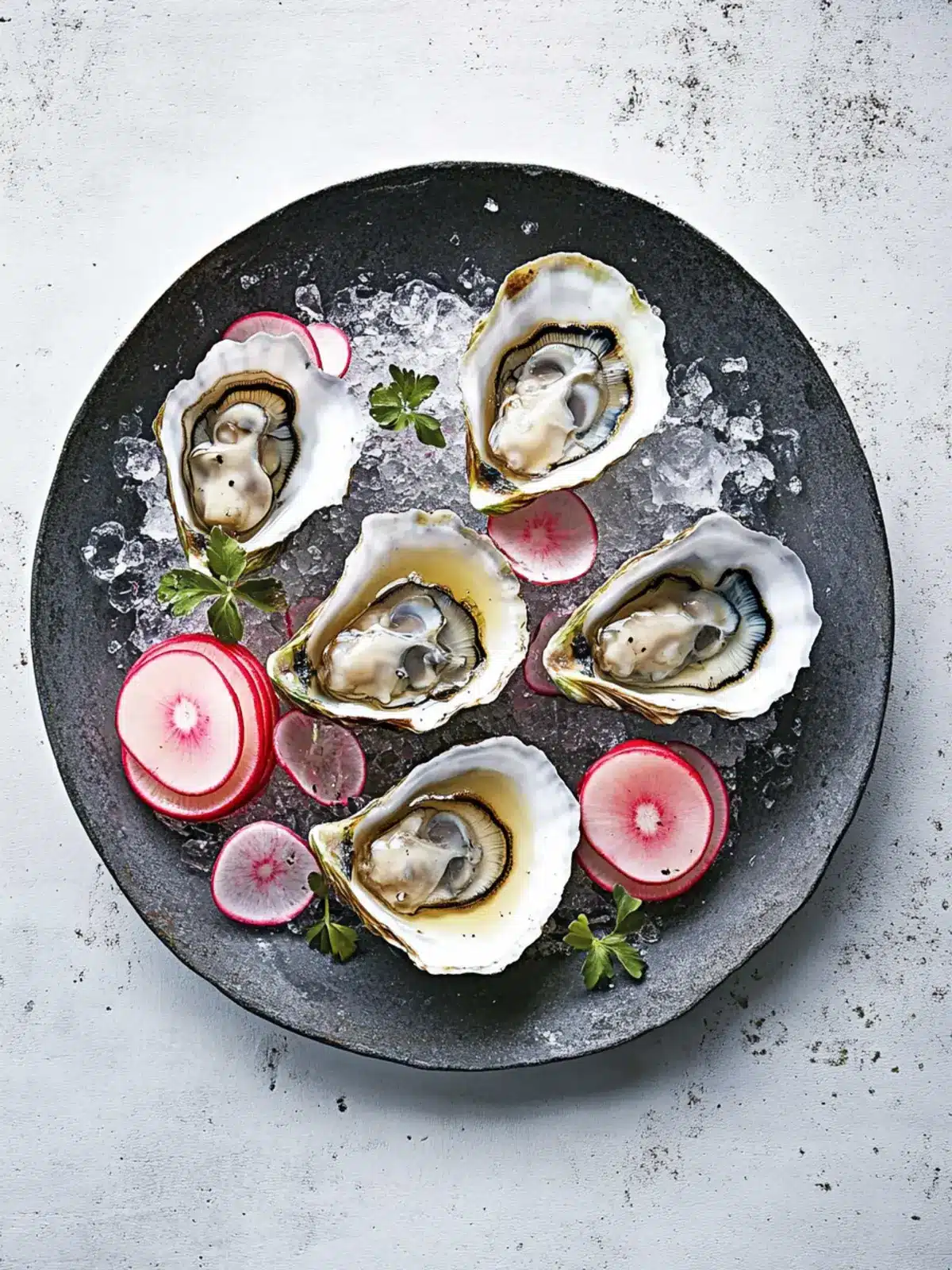 Zesty Oysters with Rhubarb Mignonette and Creamy Delight 4 Oysters with mignonette, creme fraiche and rhubarb