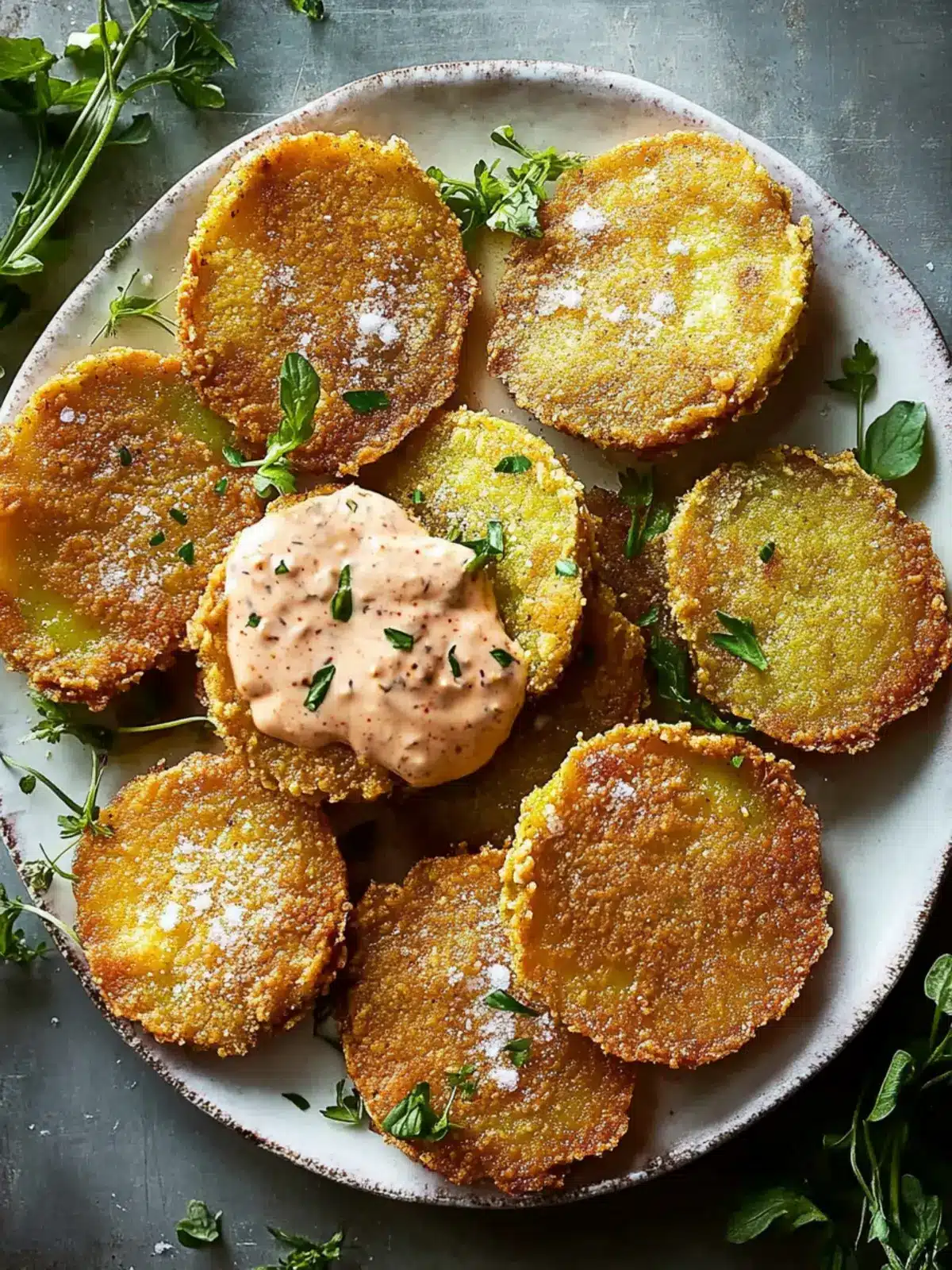 Crispy Fried Green Tomatoes with Zesty Remoulade Sauce 3 Fried Green Tomatoes with Remoulade Sauce