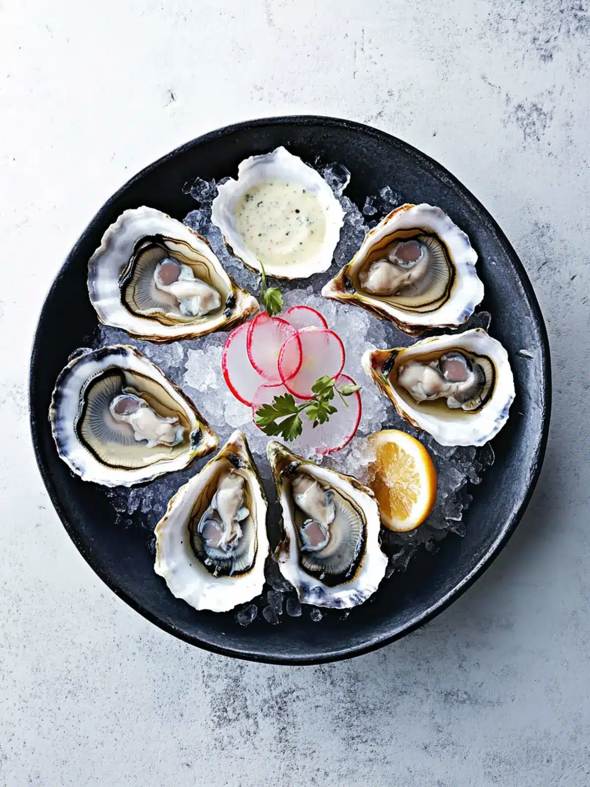 Zesty Oysters with Rhubarb Mignonette and Creamy Delight 2 Oysters with mignonette, creme fraiche and rhubarb