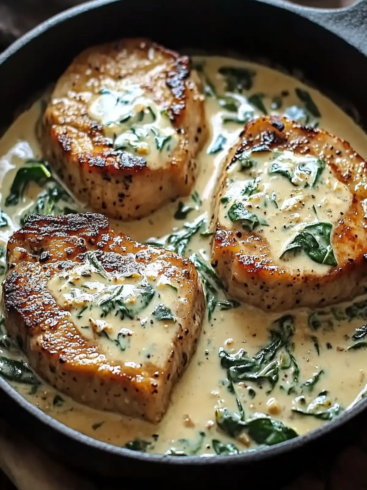 Savor Boneless Pork Chops in Creamy Garlic Spinach Sauce 3 Boneless Pork Chops in Creamy Garlic Spinach Sauce