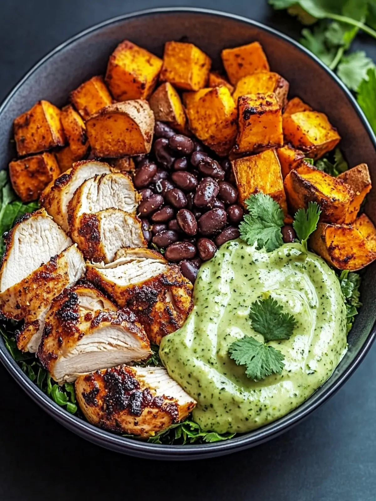 Healthy Chipotle Chicken Bowl with Black Beans & Veggies 3 Chipotle Chicken Bowl with Black Beans, Sweet Potatoes, and Cilantro Lime Sauce