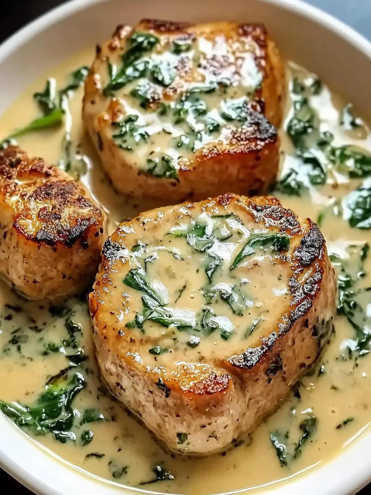 Savor Boneless Pork Chops in Creamy Garlic Spinach Sauce 4 Boneless Pork Chops in Creamy Garlic Spinach Sauce