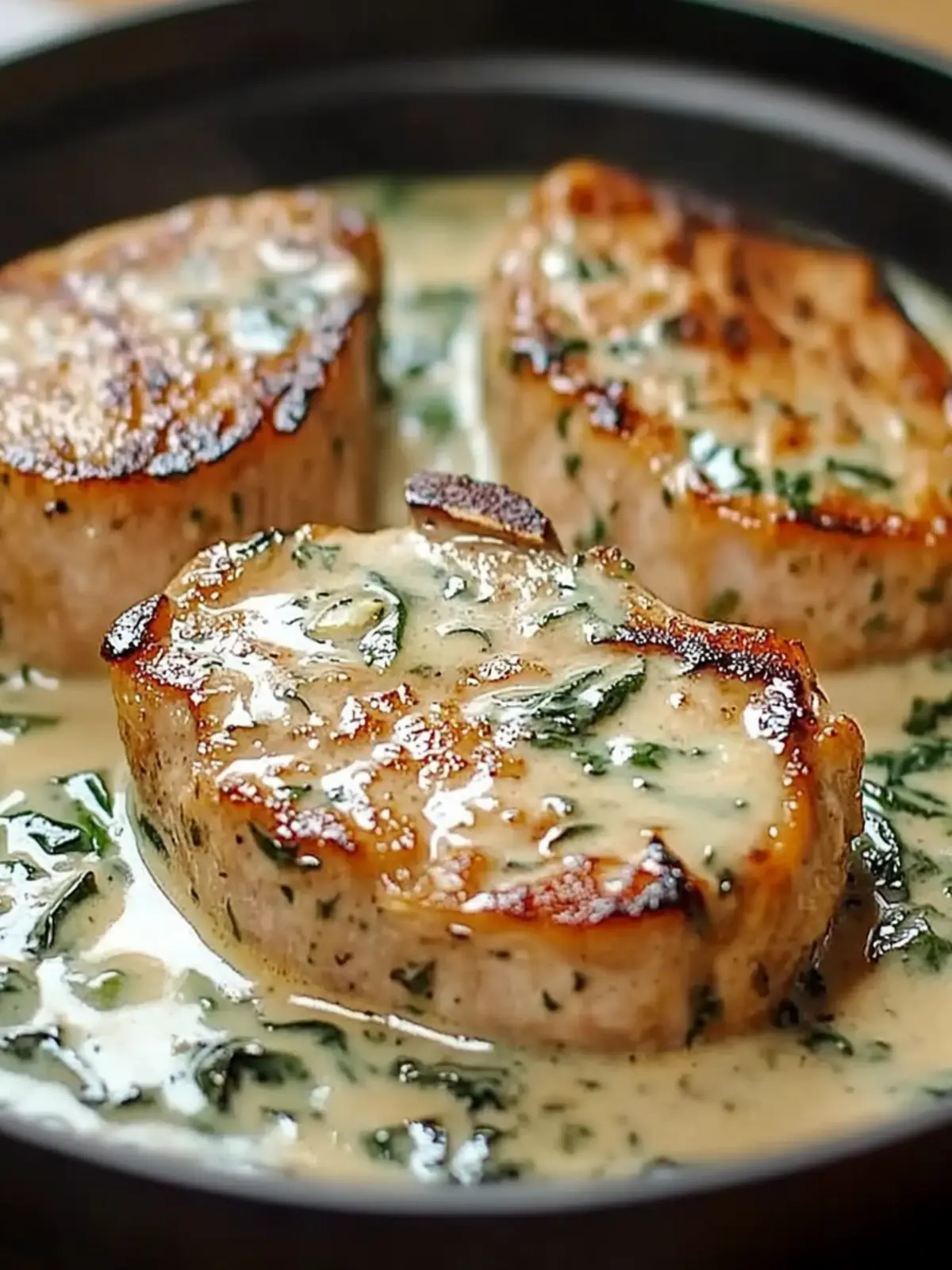 Savor Boneless Pork Chops in Creamy Garlic Spinach Sauce 5 Boneless Pork Chops in Creamy Garlic Spinach Sauce