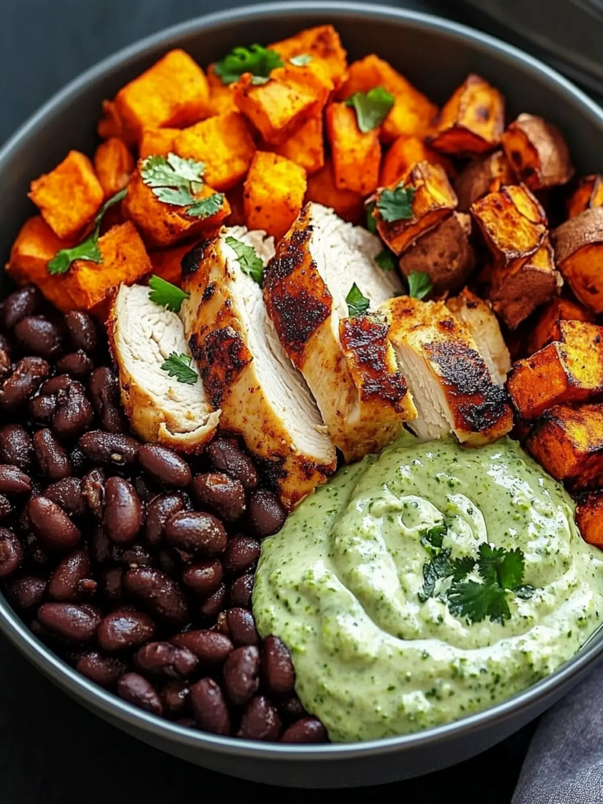 Healthy Chipotle Chicken Bowl with Black Beans & Veggies 4 Chipotle Chicken Bowl with Black Beans, Sweet Potatoes, and Cilantro Lime Sauce