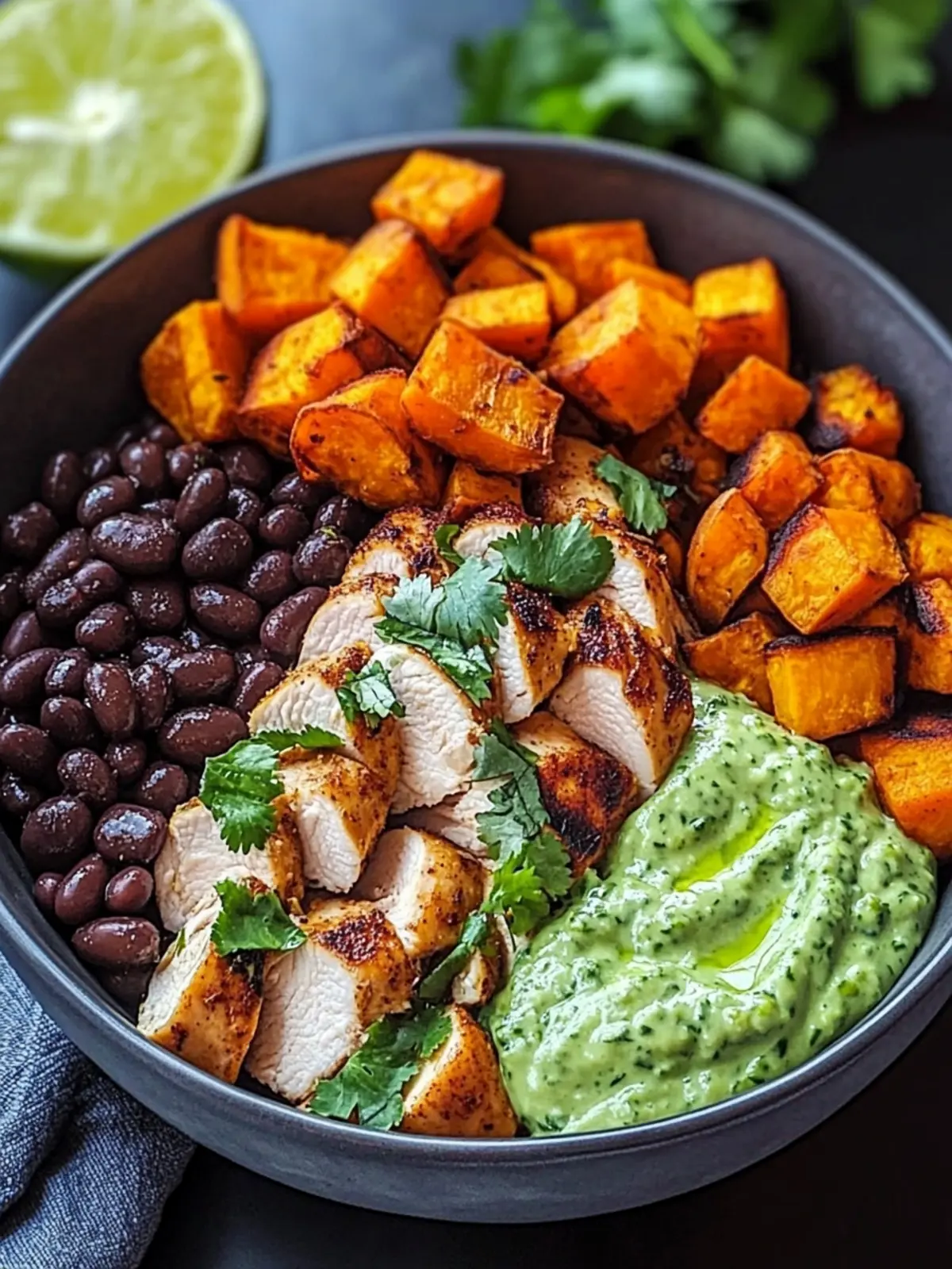 Healthy Chipotle Chicken Bowl with Black Beans & Veggies 5 Chipotle Chicken Bowl with Black Beans, Sweet Potatoes, and Cilantro Lime Sauce