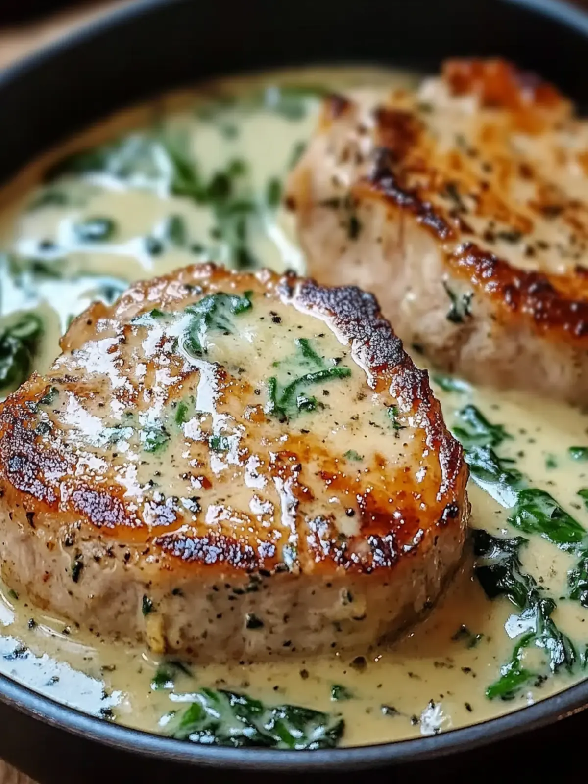 Savor Boneless Pork Chops in Creamy Garlic Spinach Sauce 2 Boneless Pork Chops in Creamy Garlic Spinach Sauce