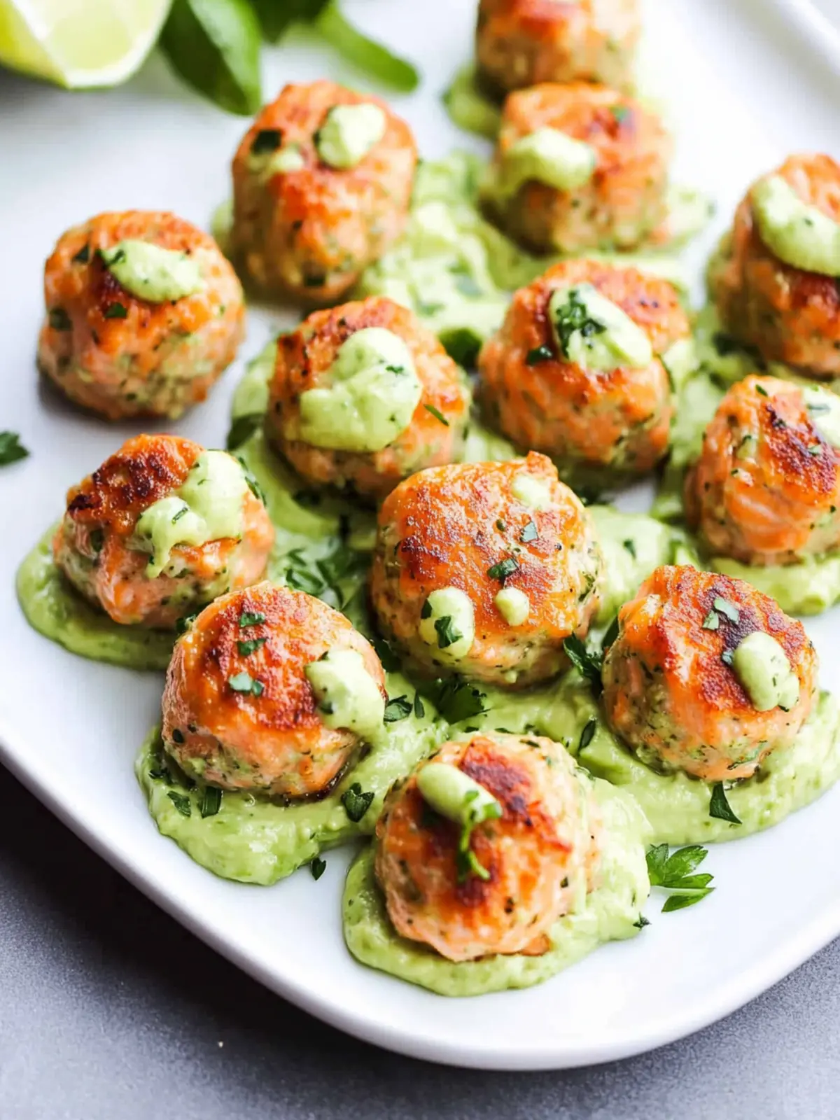 Baked Salmon Meatballs with Creamy Avocado Sauce Bliss 2 Baked Salmon Meatballs with Creamy Avocado Sauce