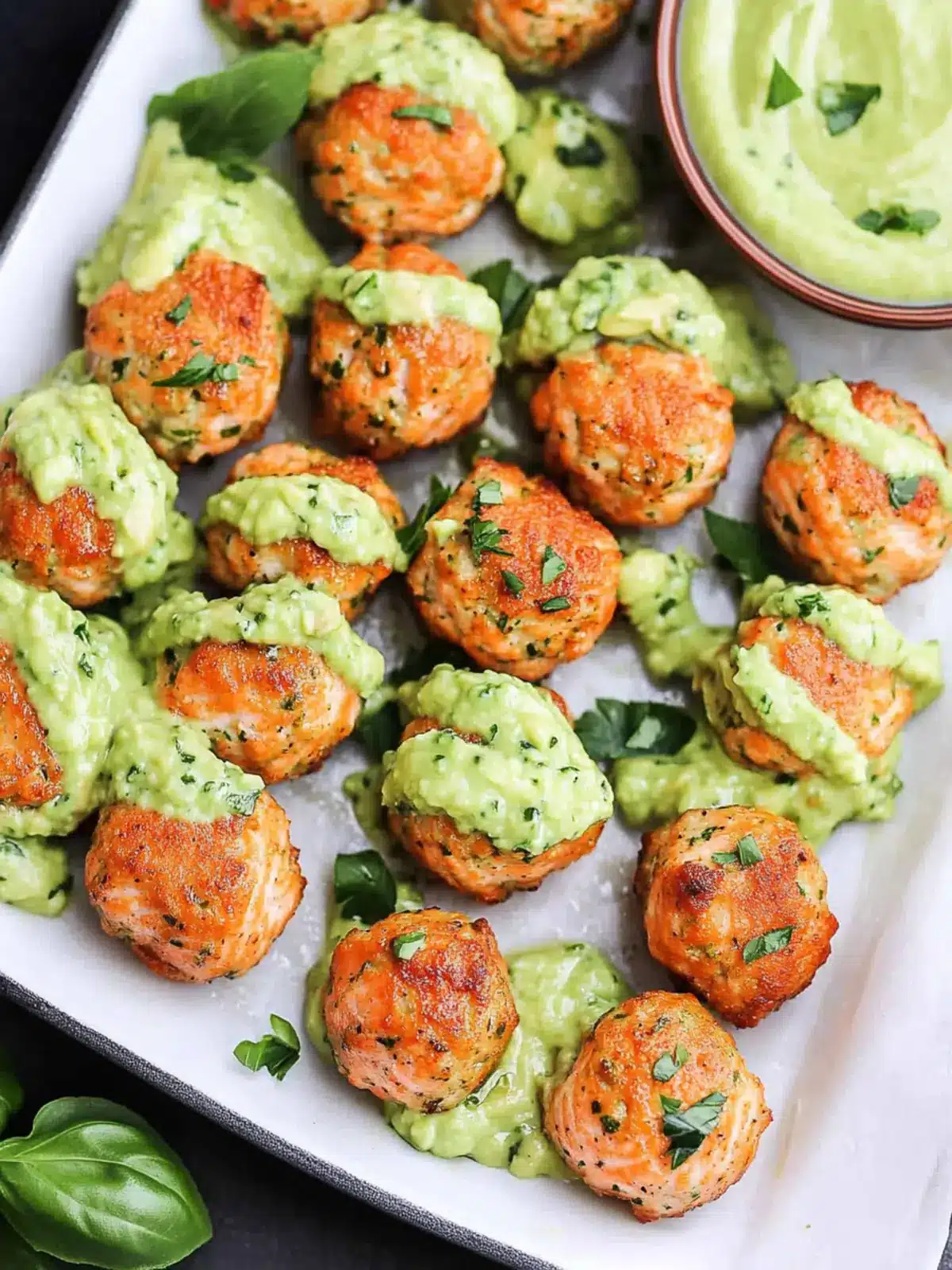 Baked Salmon Meatballs with Creamy Avocado Sauce Bliss 3 Baked Salmon Meatballs with Creamy Avocado Sauce