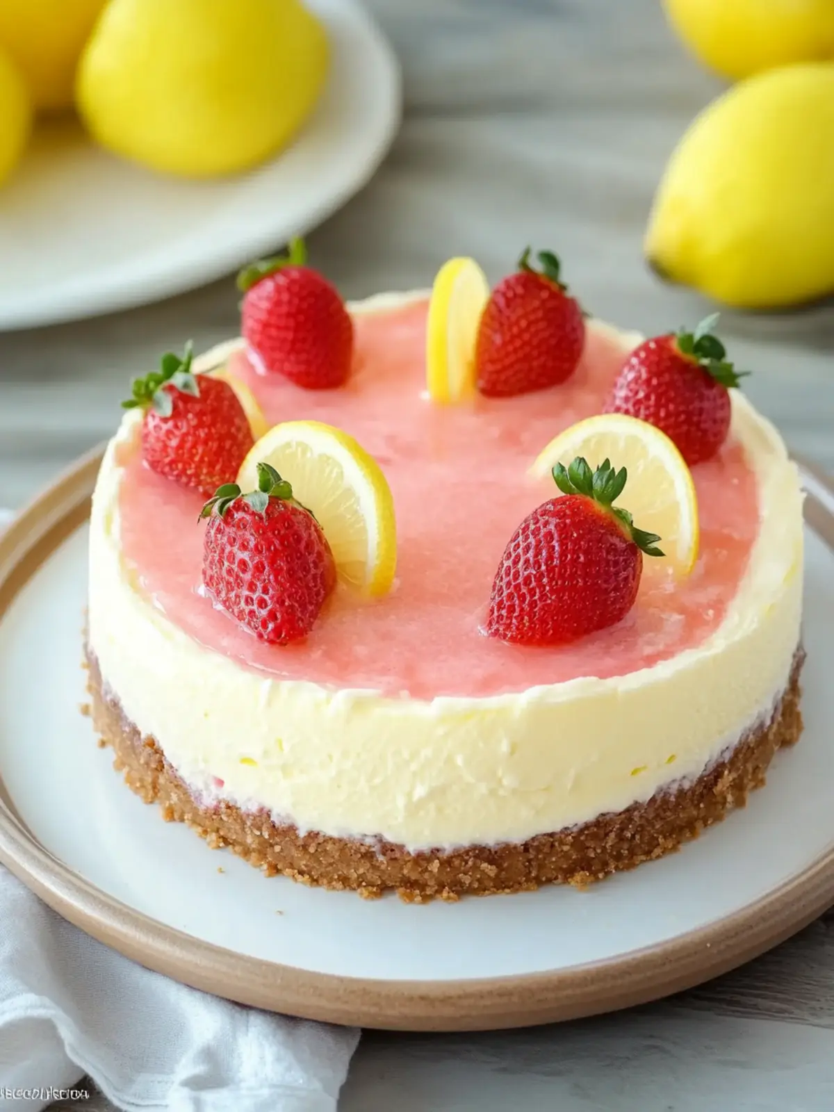 Lemon Cheesecake with Strawberry Crust: A Sweet Twist! 3 Lemon Cheesecake with Strawberry Crust