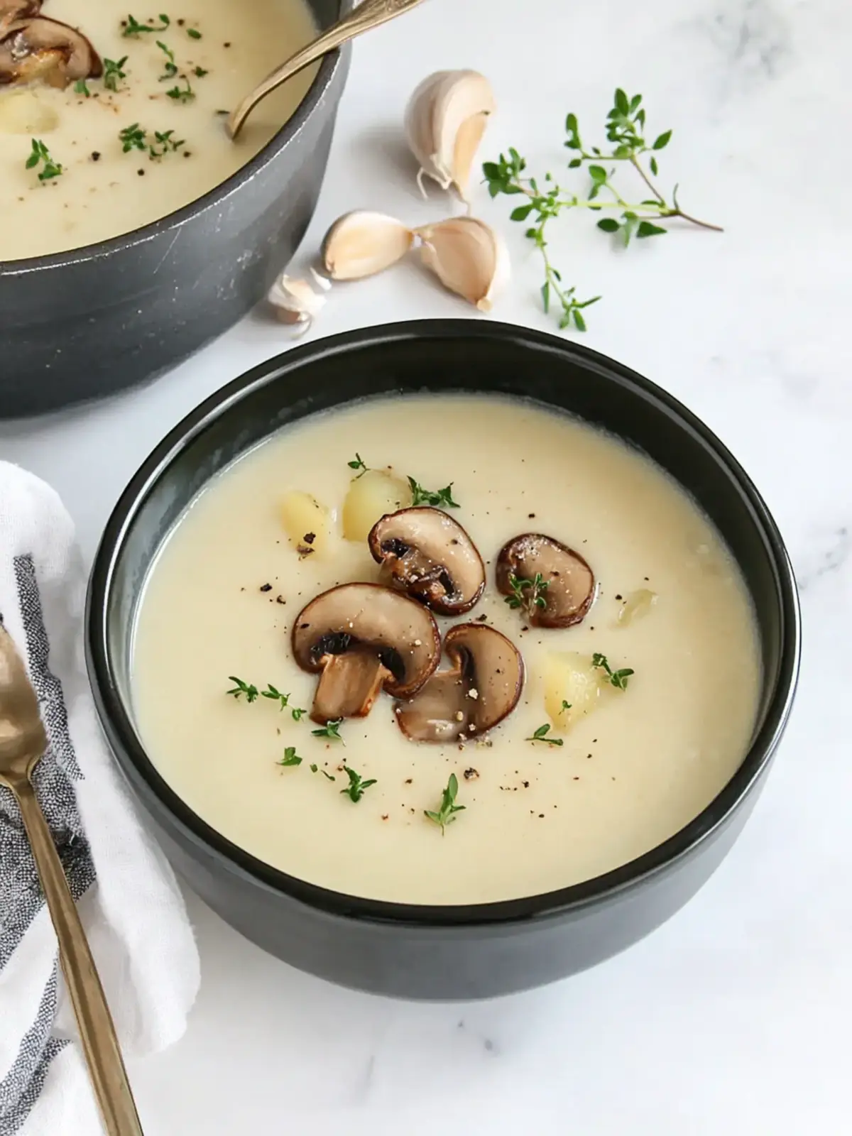Savor Roasted Garlic & Creamy Potato Soup with Seared Mushrooms 3 Roasted Garlic & Creamy Potato Soup with Seared Mushroom