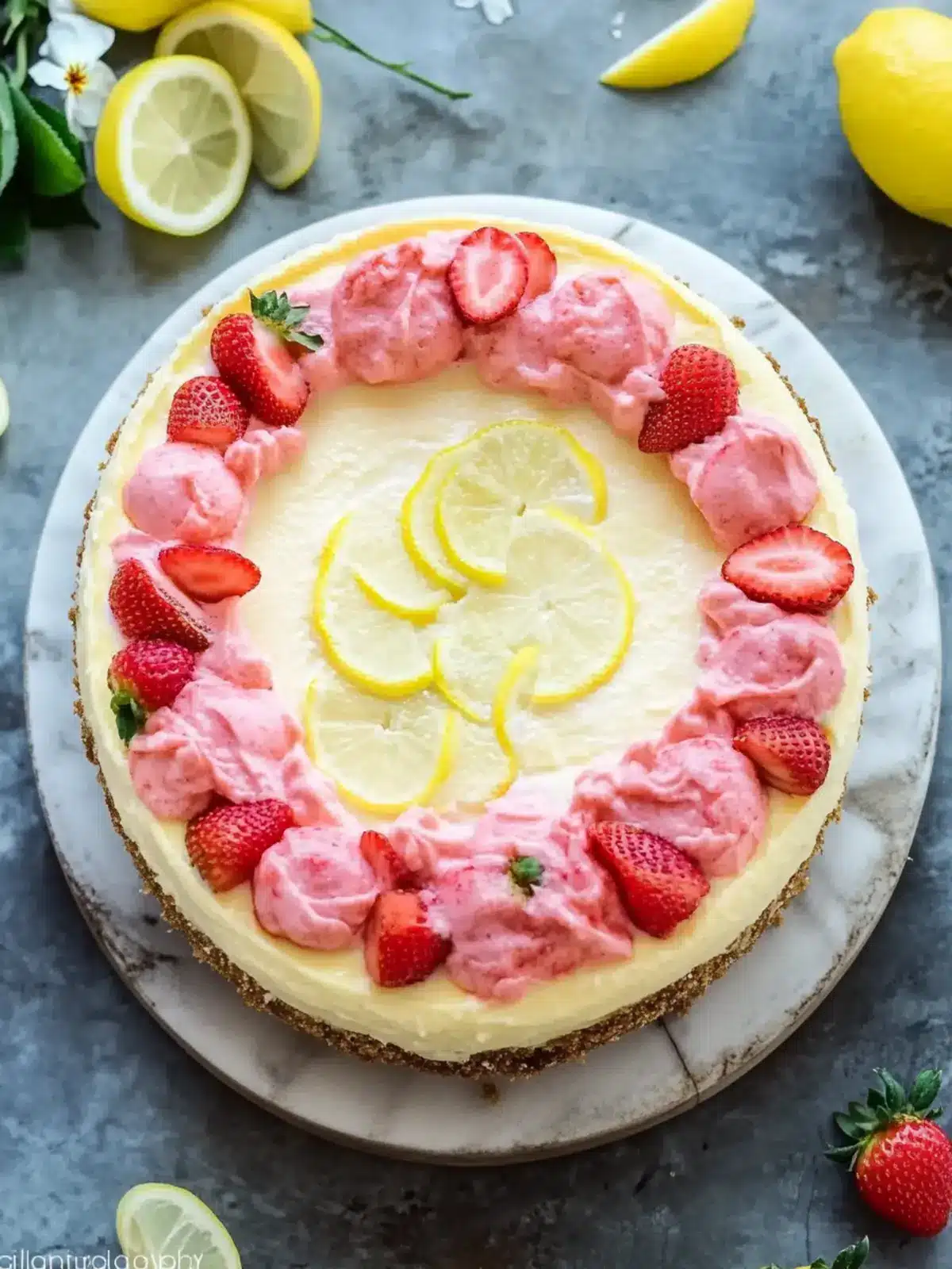 Lemon Cheesecake with Strawberry Crust: A Sweet Twist! 2 Lemon Cheesecake with Strawberry Crust
