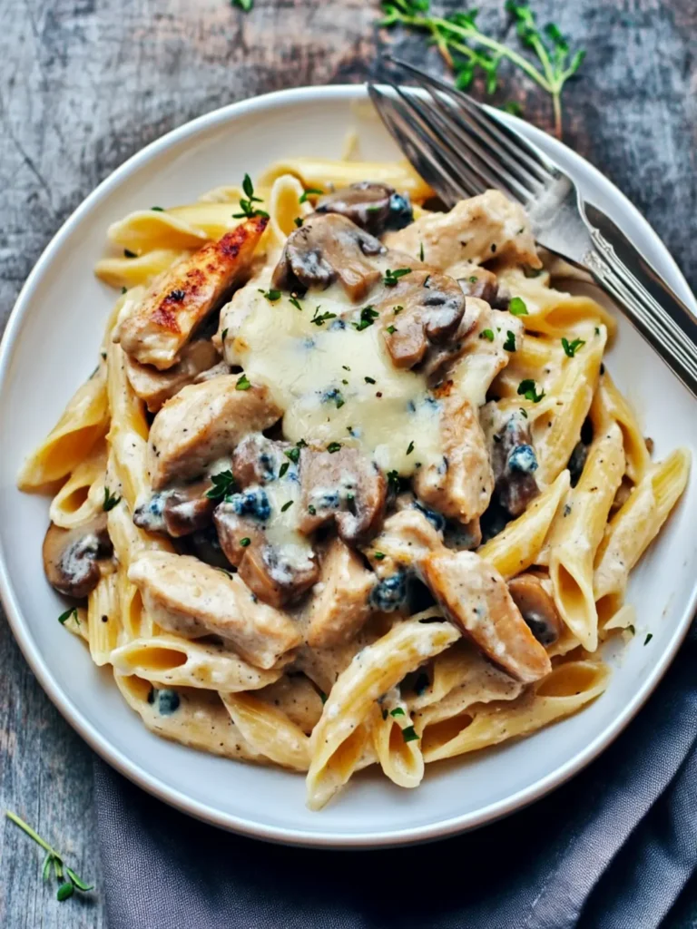 Pasta with Chicken and Mushrooms in Blue Cheese Sauce