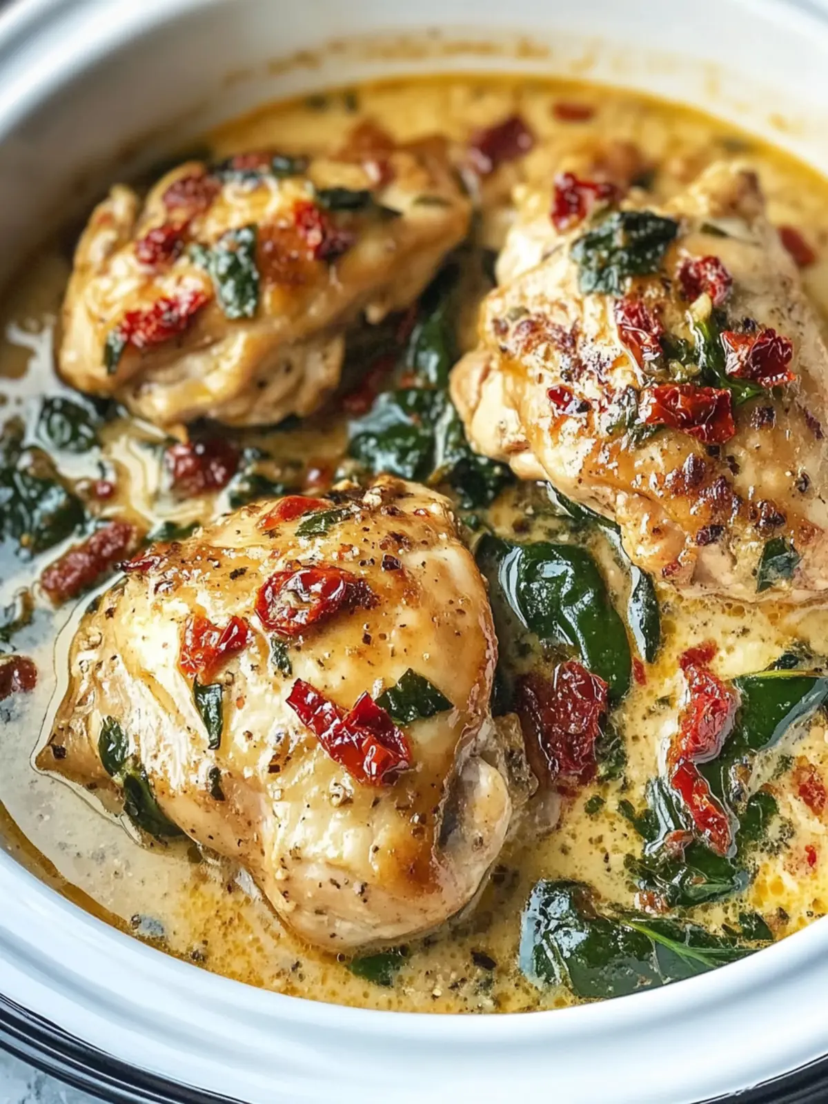 Mouthwatering CrockPot Tuscan Garlic Chicken Thighs Delight 3 CrockPot Tuscan Garlic Chicken Thighs With Spinach and Sun-Dried Tomatoes