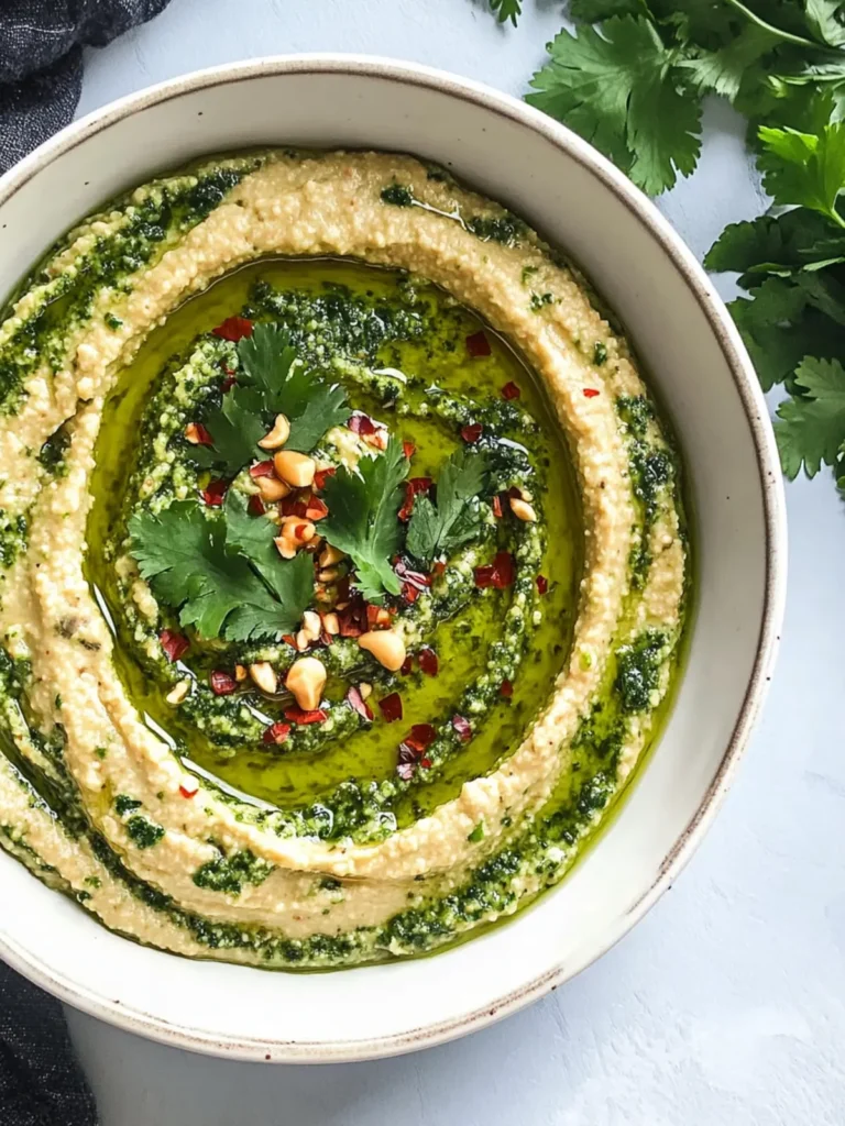 Homemade Spicy Cilantro Sauce (Zhoug) with Hummus