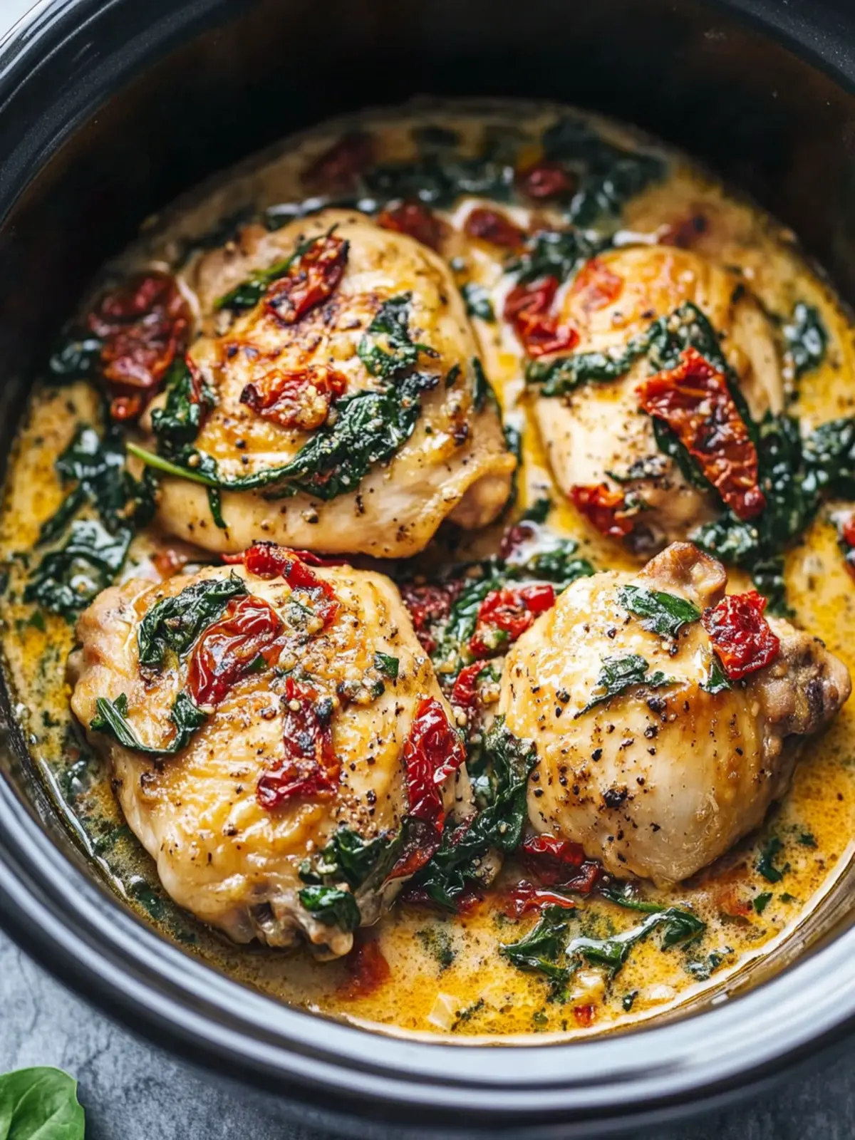 Mouthwatering CrockPot Tuscan Garlic Chicken Thighs Delight 4 CrockPot Tuscan Garlic Chicken Thighs With Spinach and Sun-Dried Tomatoes