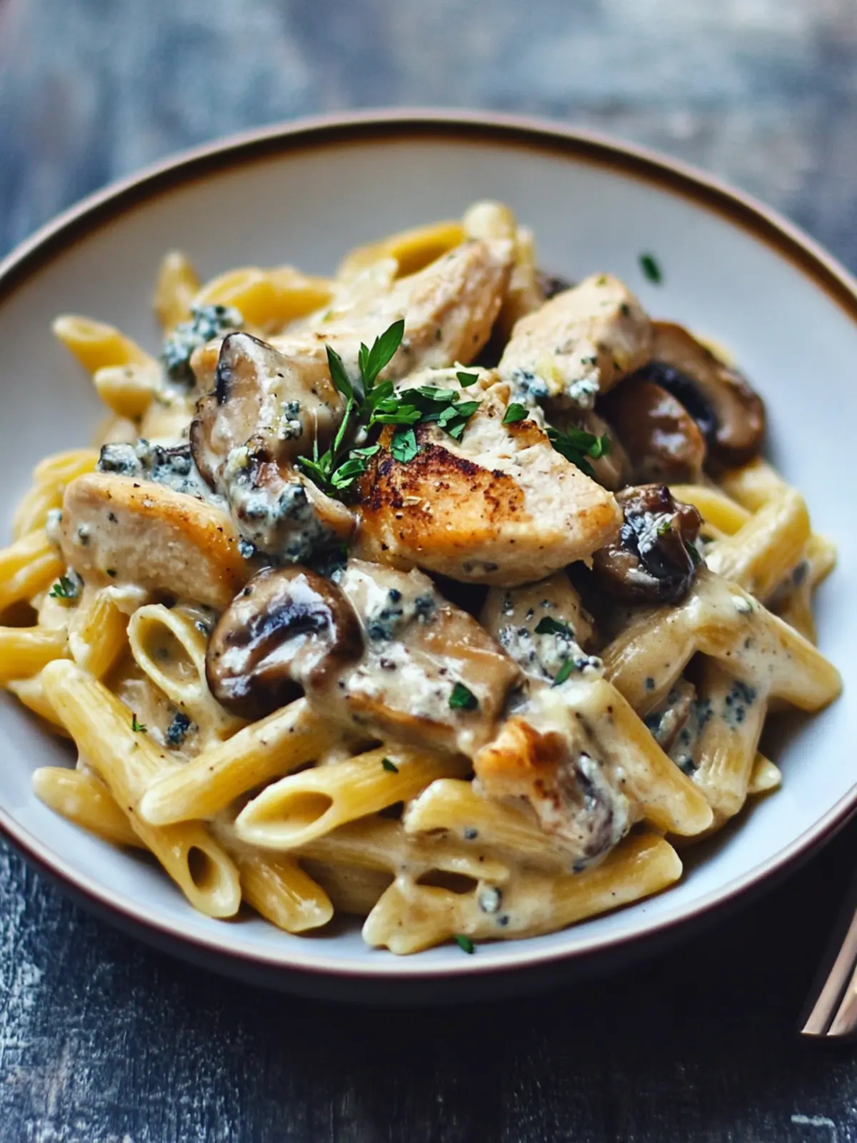 Pasta with Chicken and Mushrooms in Blue Cheese Sauce