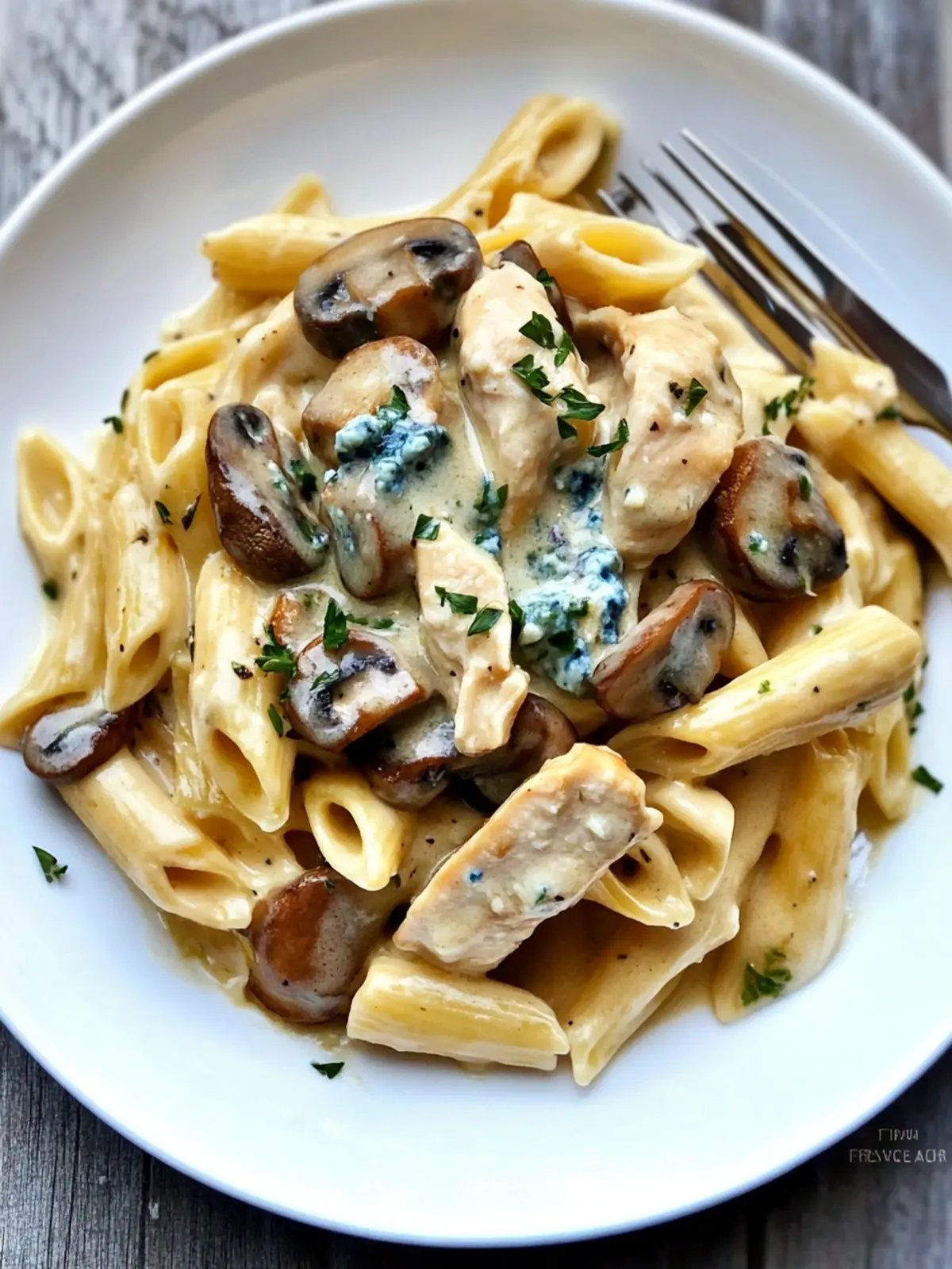 Pasta with Chicken and Mushrooms in Blue Cheese Sauce