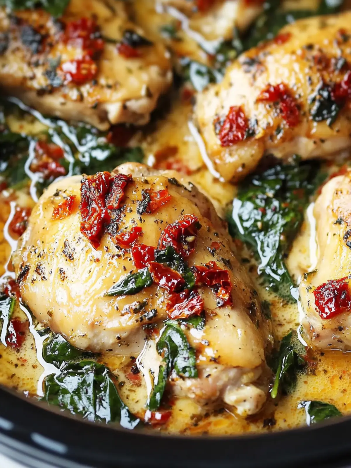 Mouthwatering CrockPot Tuscan Garlic Chicken Thighs Delight 2 CrockPot Tuscan Garlic Chicken Thighs With Spinach and Sun-Dried Tomatoes