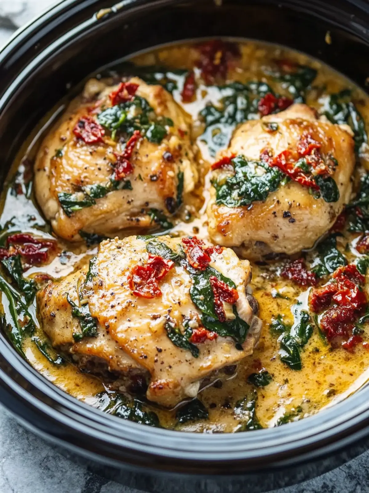 Mouthwatering CrockPot Tuscan Garlic Chicken Thighs Delight 5 CrockPot Tuscan Garlic Chicken Thighs With Spinach and Sun-Dried Tomatoes