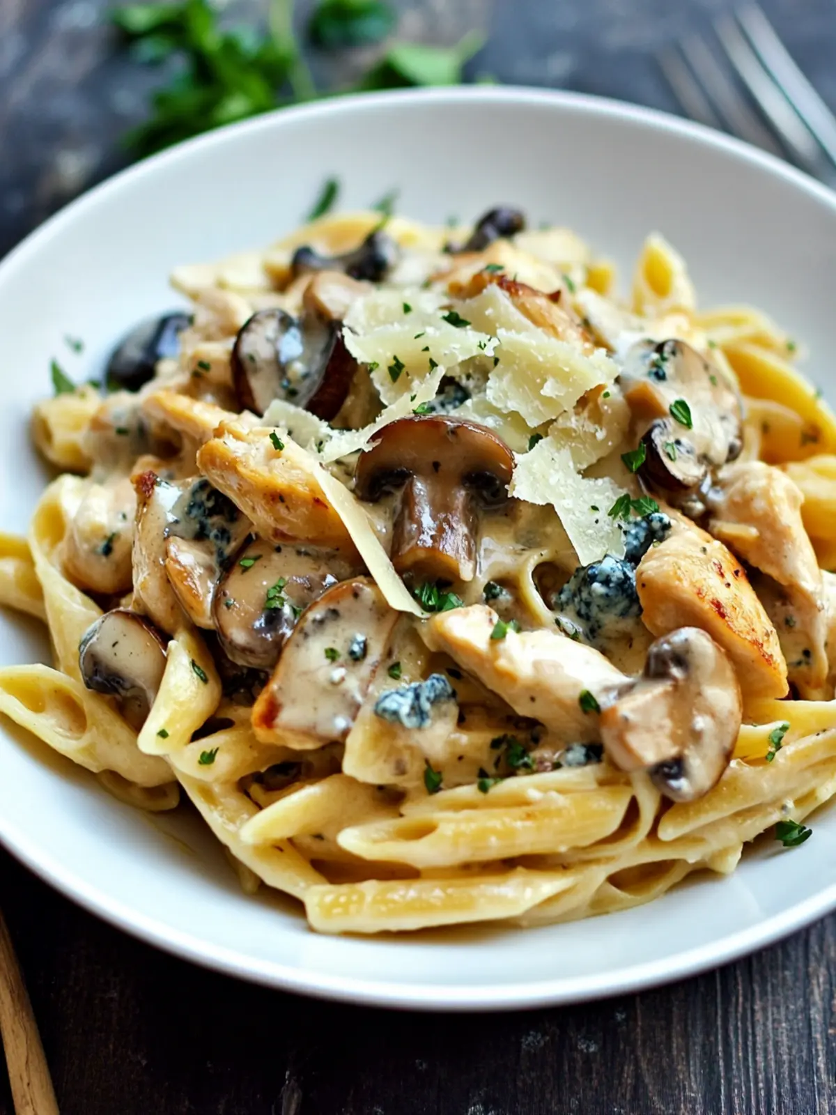 Pasta with Chicken and Mushrooms in Blue Cheese Sauce